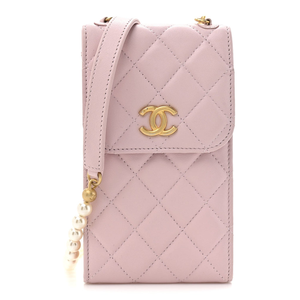 Chanel Lambskin Quilted Pearl Phone Holder With Chain Pink