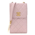 Chanel Lambskin Quilted Pearl Phone Holder With Chain Pink