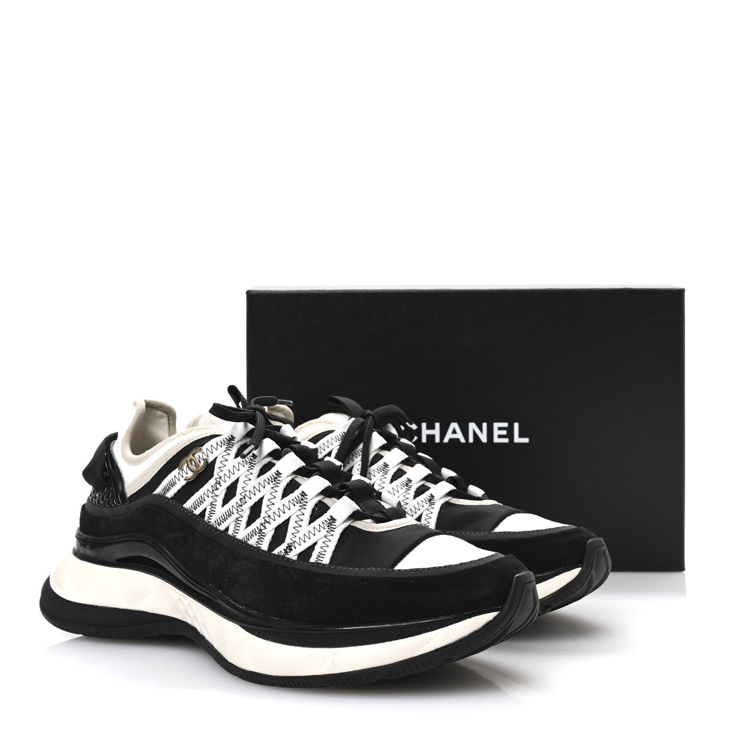 Fabric Suede Calfskin Sneakers 41 Black Beige White