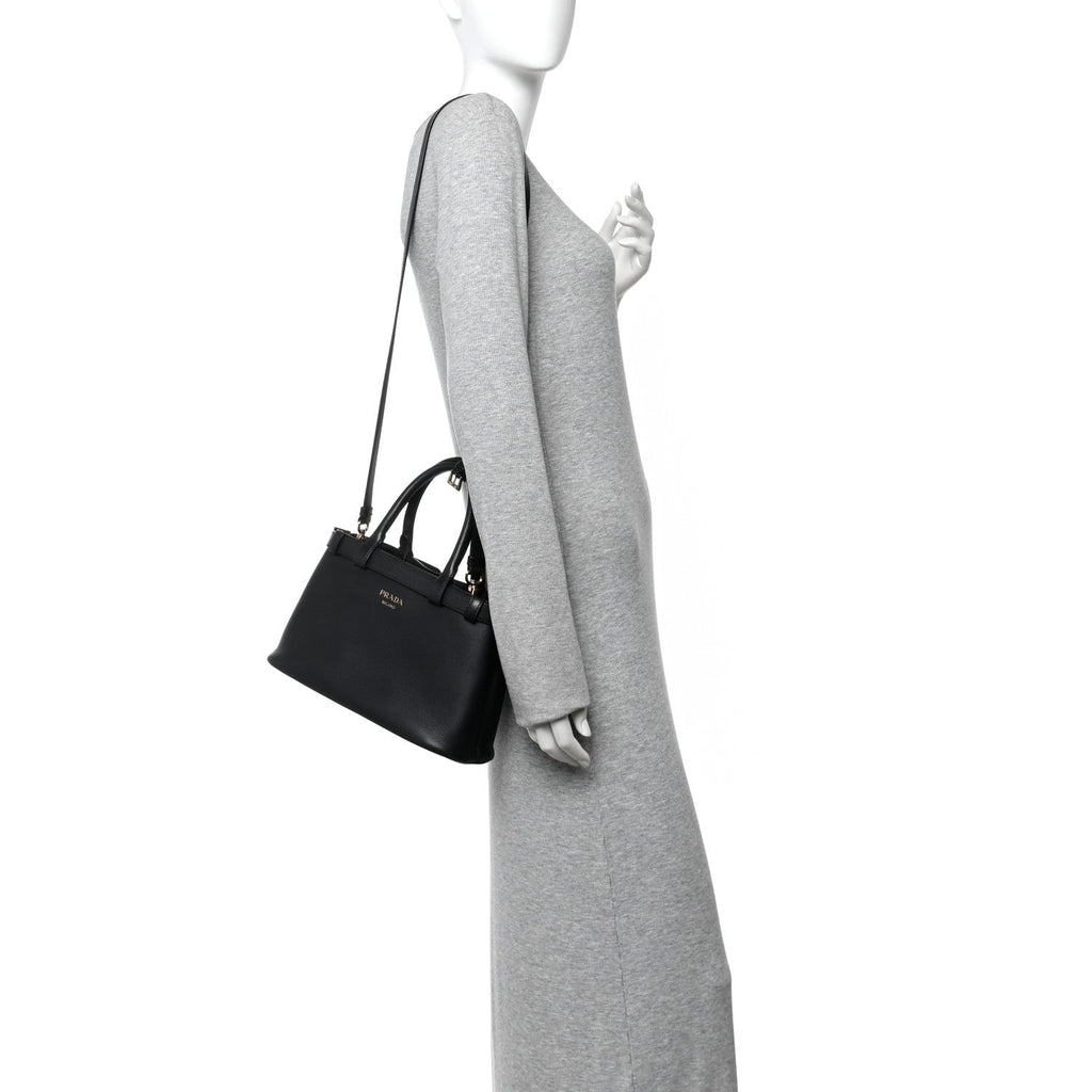 Prada Soft Grain Calfskin Small Double Belt Tote Black