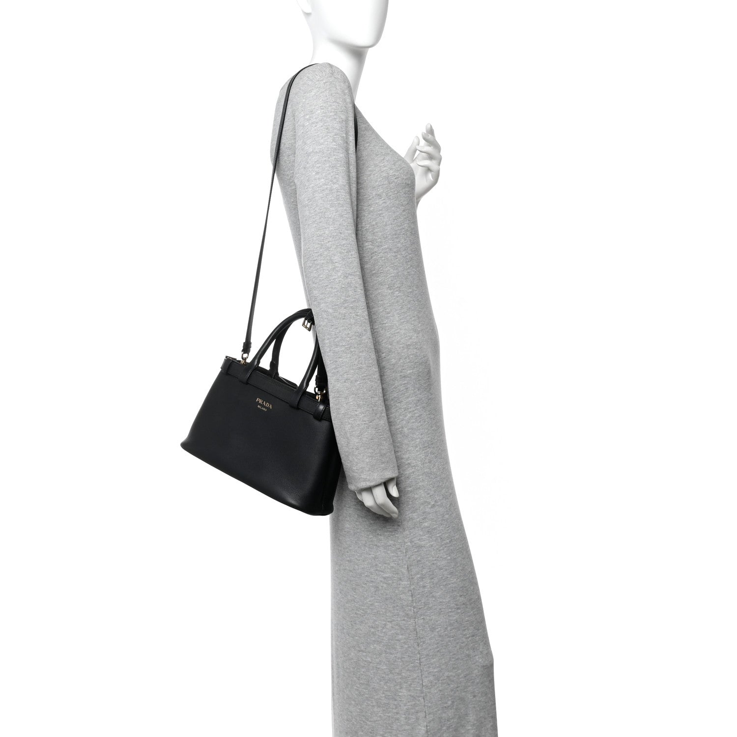 Prada Soft Grain Calfskin Small Double Belt Tote Black
