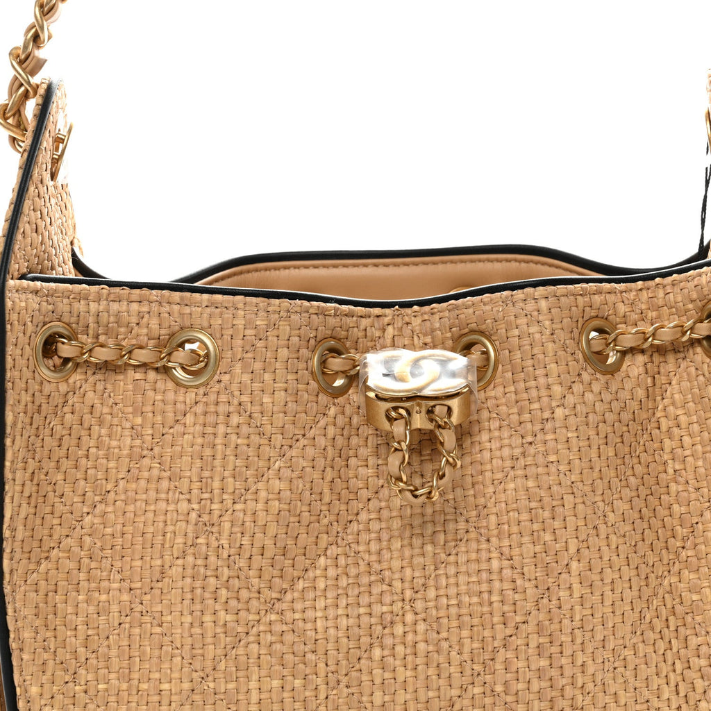 Chanel Braided Raffia Calfskin Quilted Mini Chanel 25 Handbag Beige Black