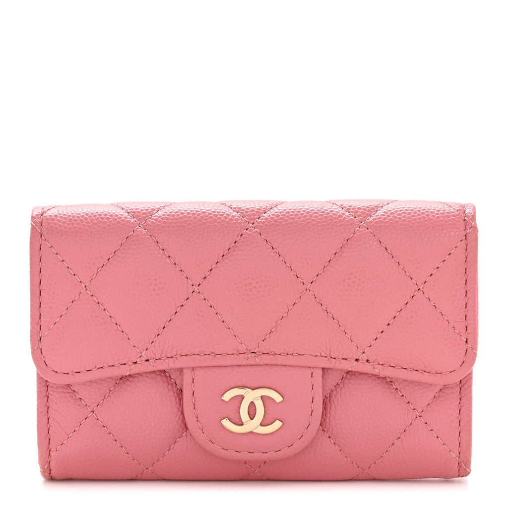 Caviar Quilted Flap Card Holder Wallet Pink