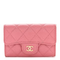 Caviar Quilted Flap Card Holder Wallet Pink