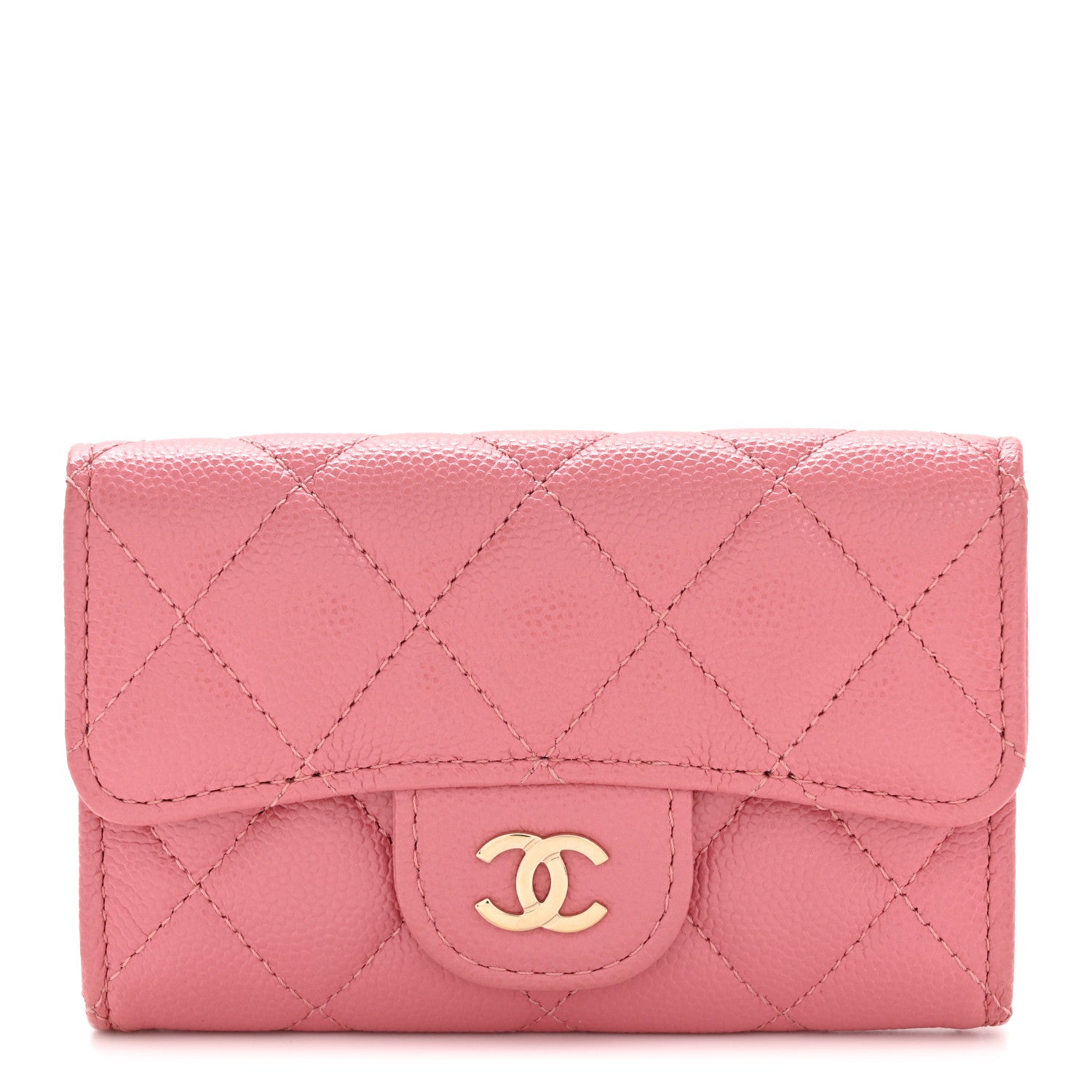Caviar Quilted Flap Card Holder Wallet Pink