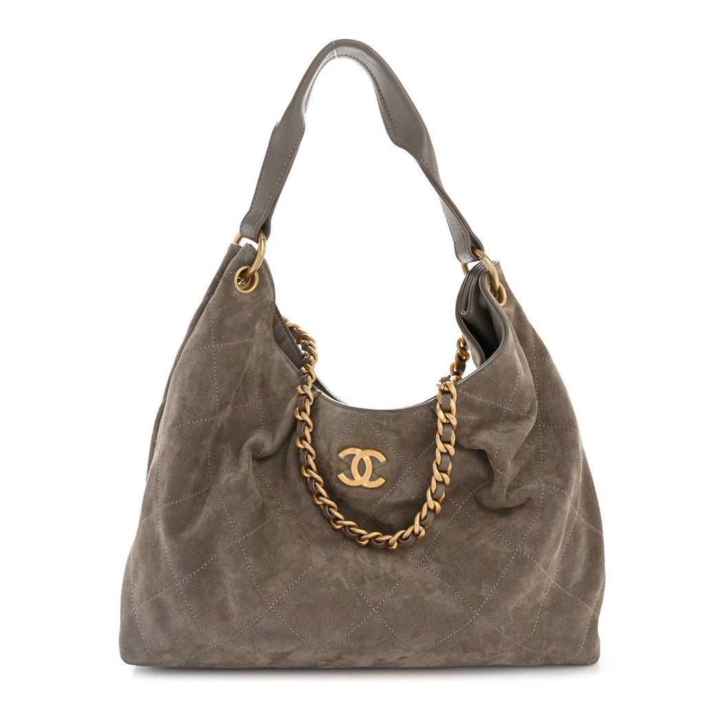 Chanel Suede Calfskin Lambskin Quilted Maxi Hobo Grey