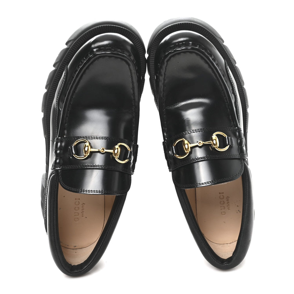 Gucci Magnum Calfskin Nappa Samoa Womens Horsebit Platform Chunky Lug Sole 40mm Loafers 40 Black