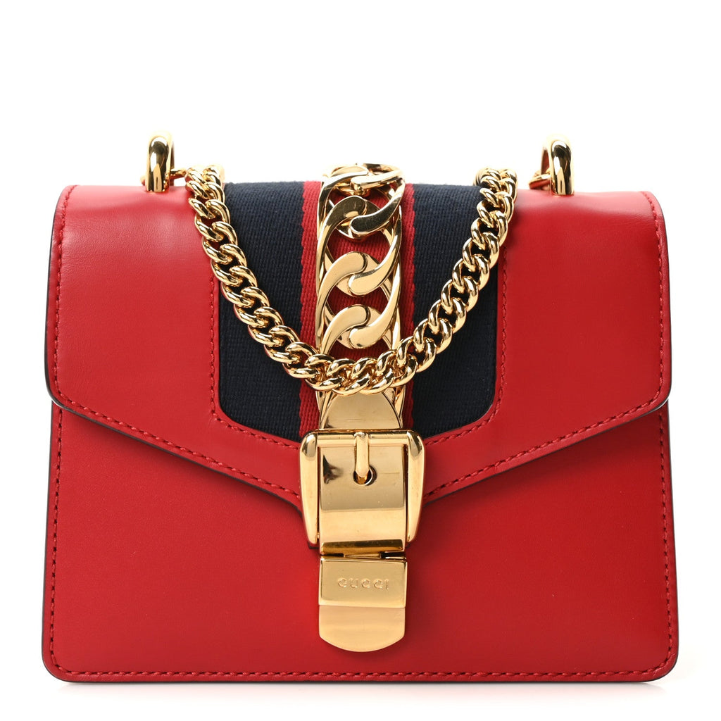 Gucci Calfskin Mini Sylvie Chain Shoulder Bag Hibiscus Red