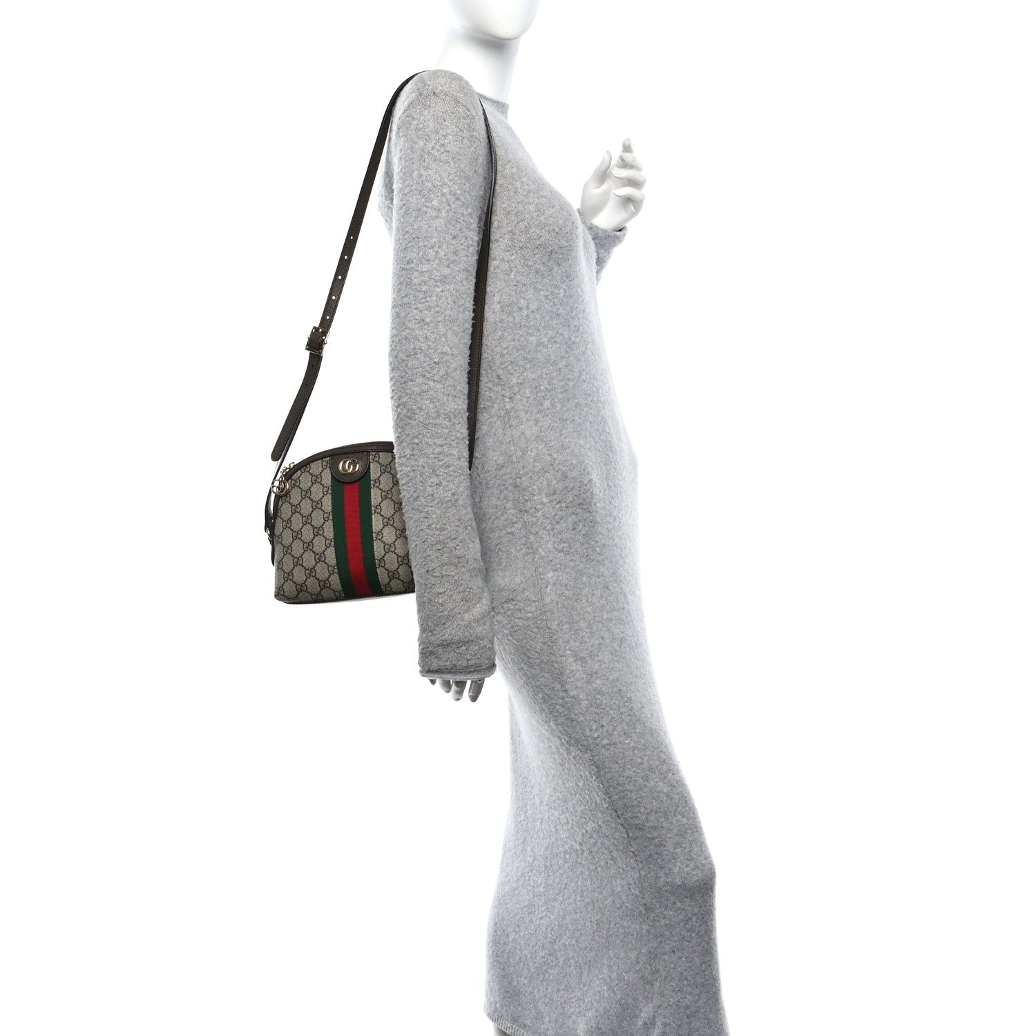 Gucci GG Supreme Monogram Textured Dollar Calfskin Web Small Ophidia Dome Shoulder Bag Beige Ebony New Acero