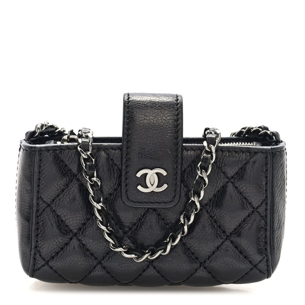 Caviar Quilted Mini Phone Holder Clutch With Chain Black