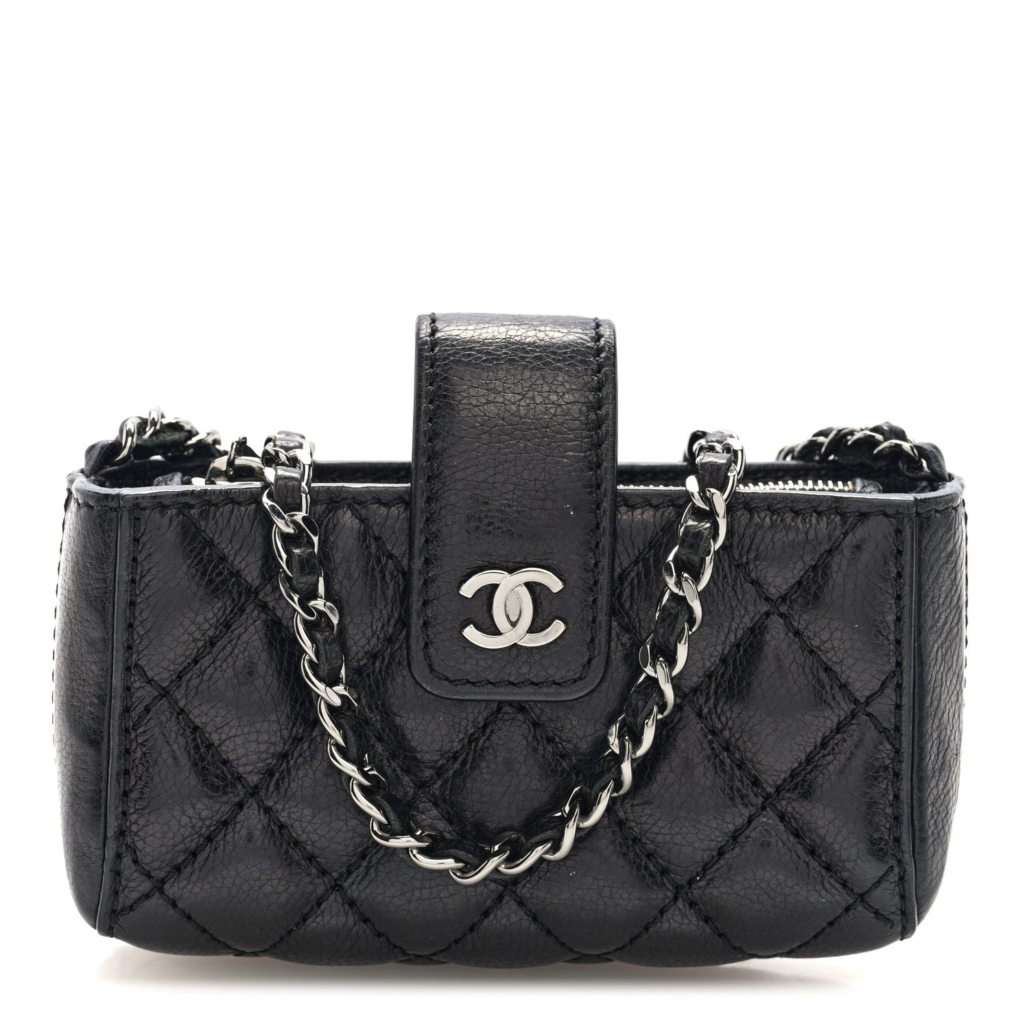 Caviar Quilted Mini Phone Holder Clutch With Chain Black