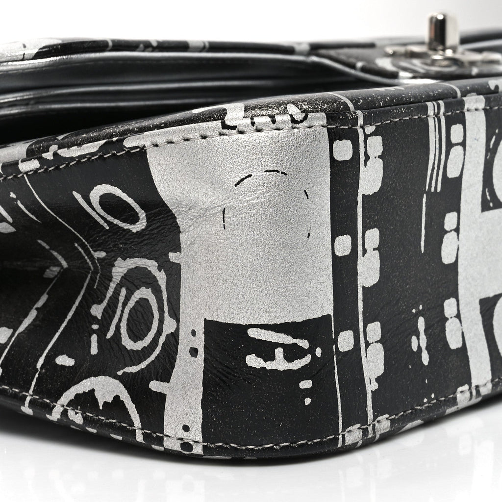 Chanel Lambskin Graffiti Printed Medium Double Flap Black Silver