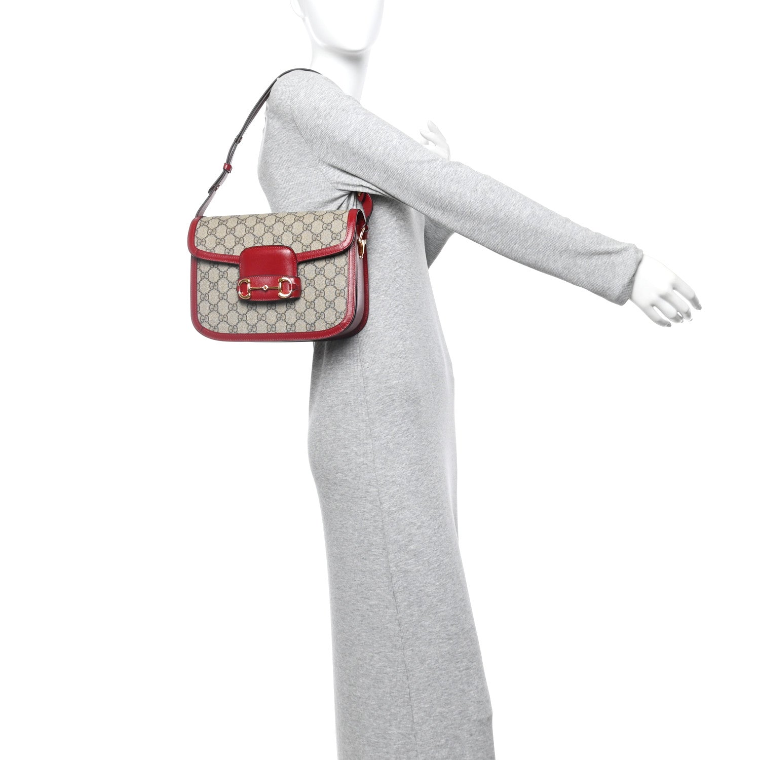 Gucci GG Supreme Monogram Azalea Calfskin Horsebit 1955 Shoulder Bag Beige Ebony New Cherry Red