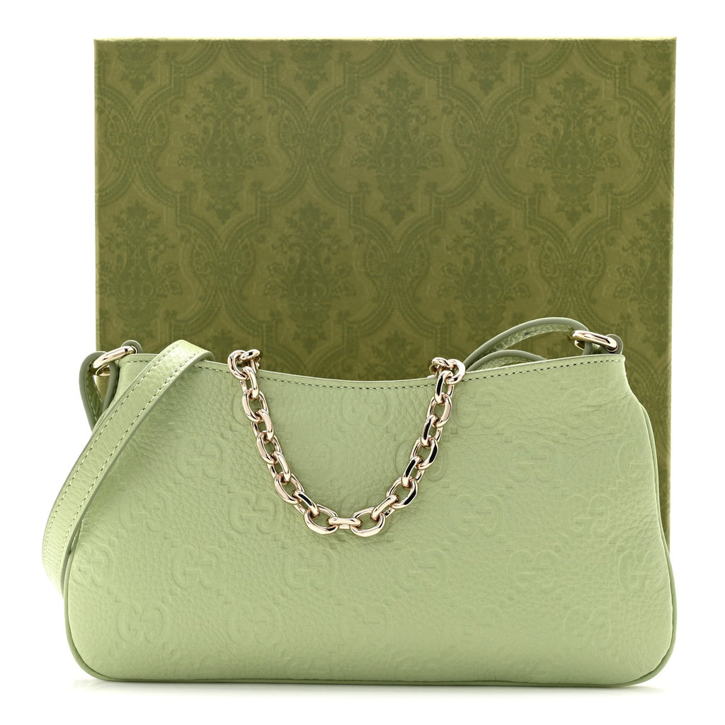 Gucci GG Grainy Calfskin Emblem Super Mini Shoulder Bag Sage Leaf