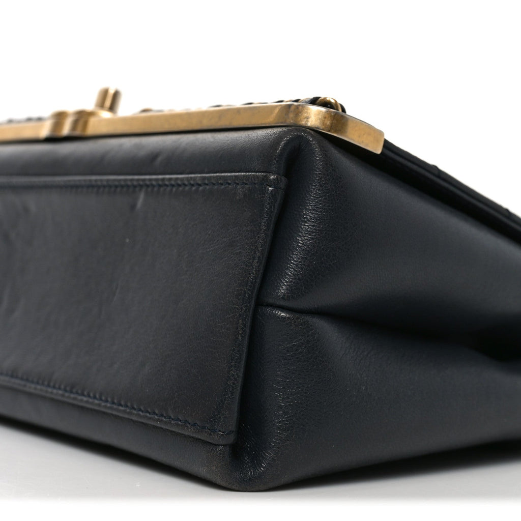Chanel Sheepskin Chevron Stitched Chain Top Handle Flap Blue