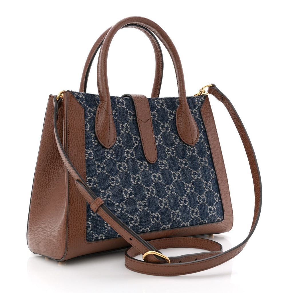 Gucci New Denim GG Monogram Dollar Calfskin Medium Jackie 1961 Tote Blue Tea Cuir Epilog