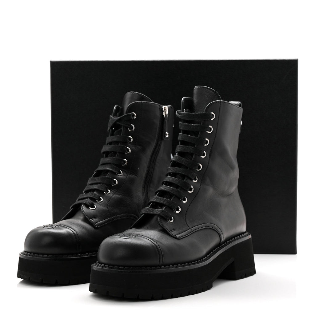 Calfskin Cap Toe Lace Up Combat Boots 39 Black