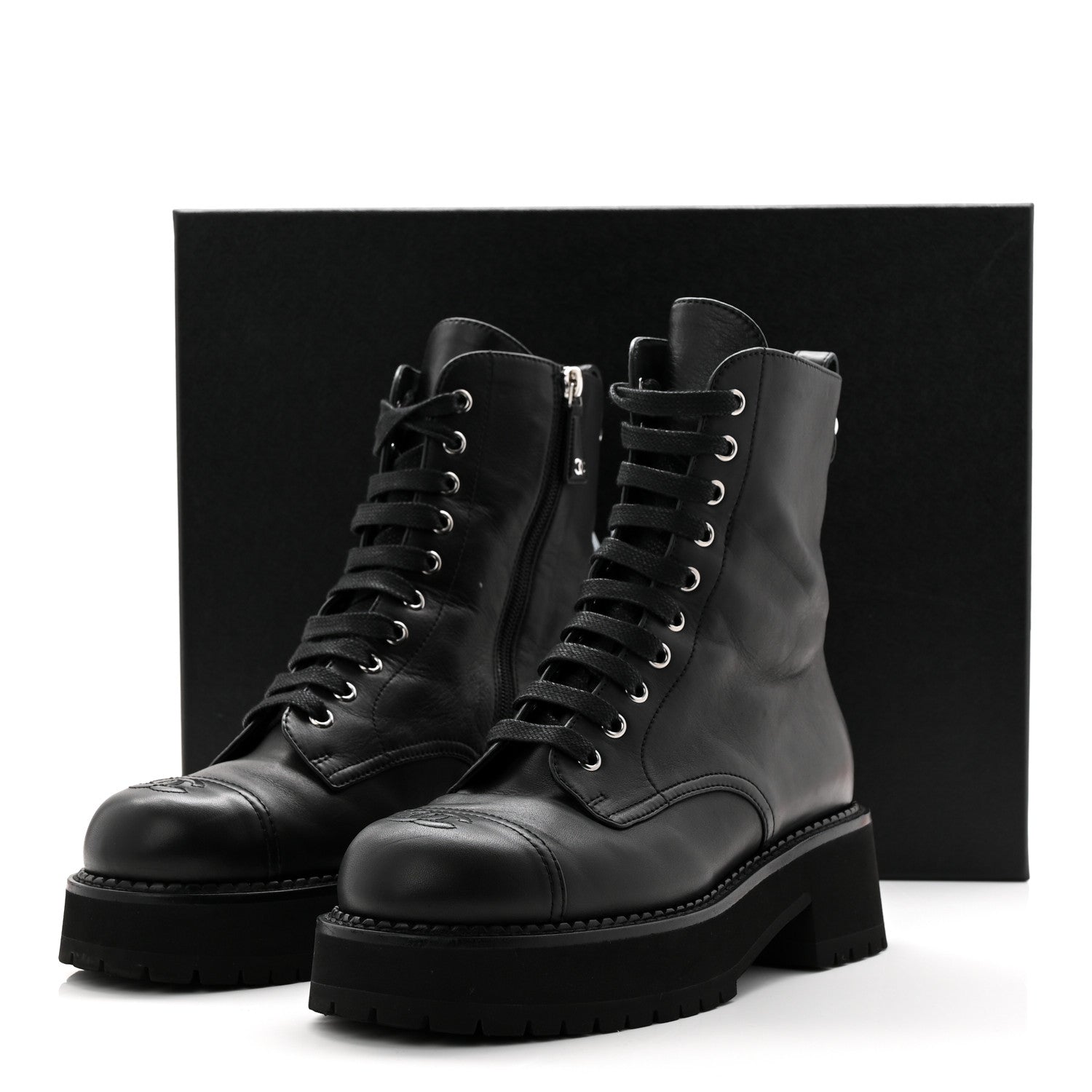 Calfskin Cap Toe Lace Up Combat Boots 39 Black