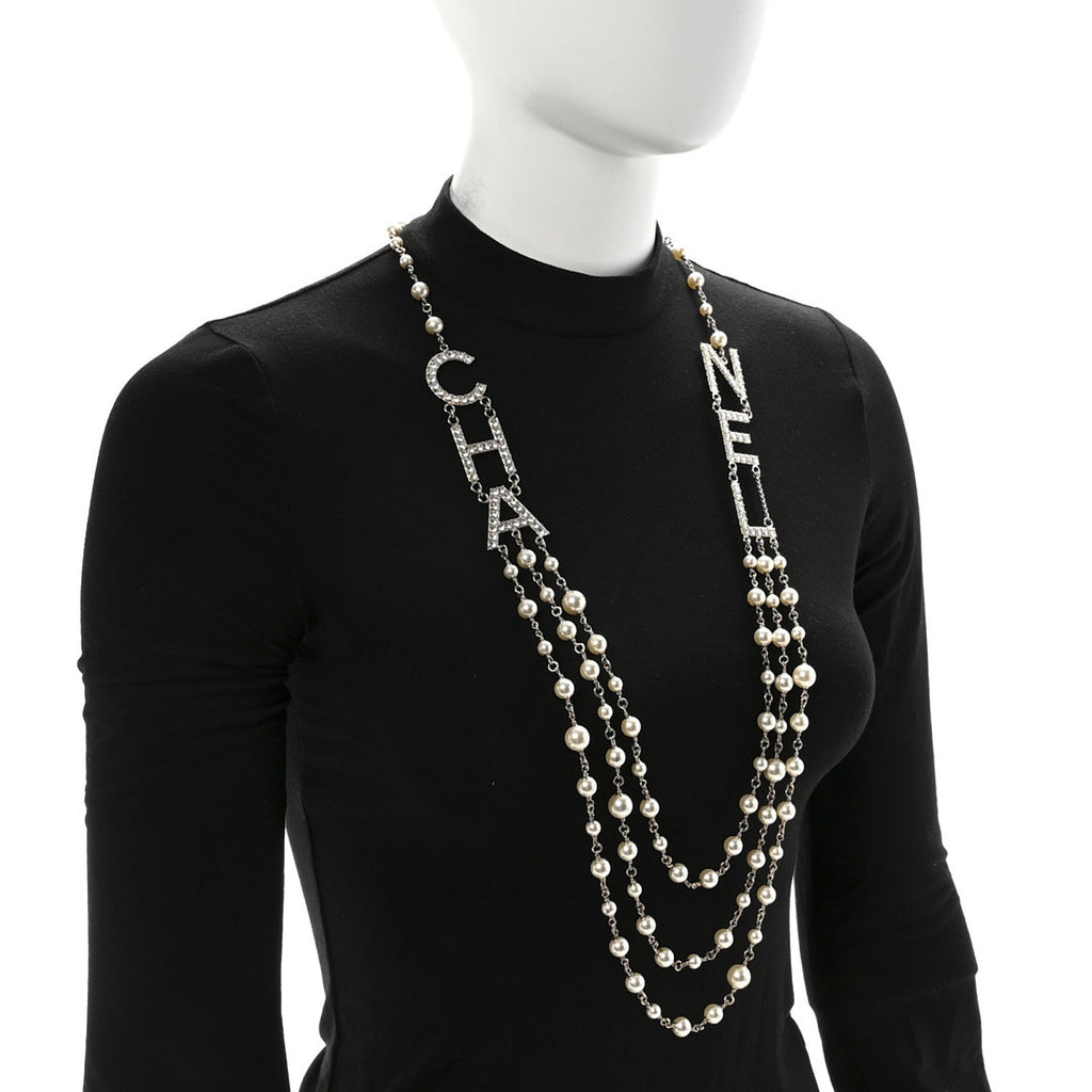 Pearl Crystal Cha-Nel Logo Necklace Gold