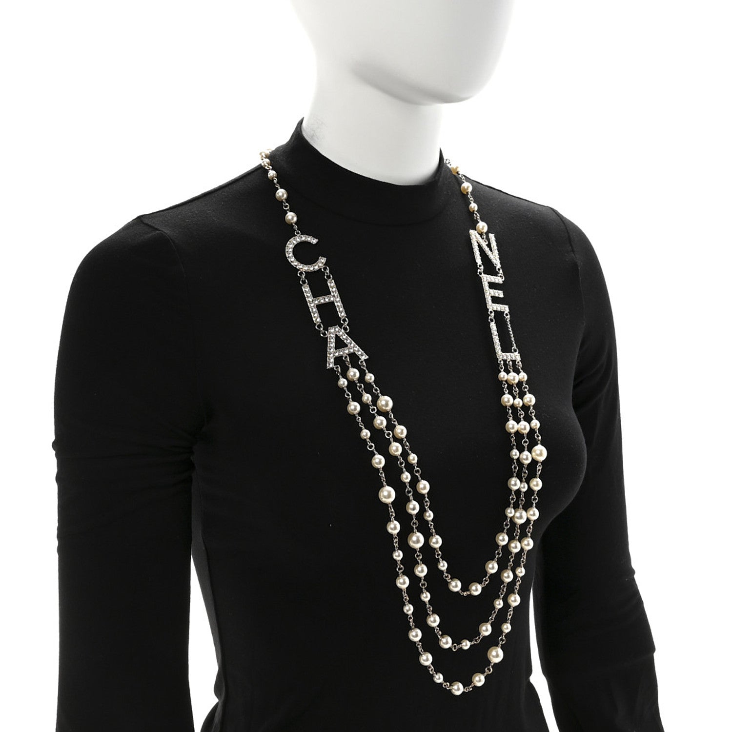 Pearl Crystal Cha-Nel Logo Necklace Gold