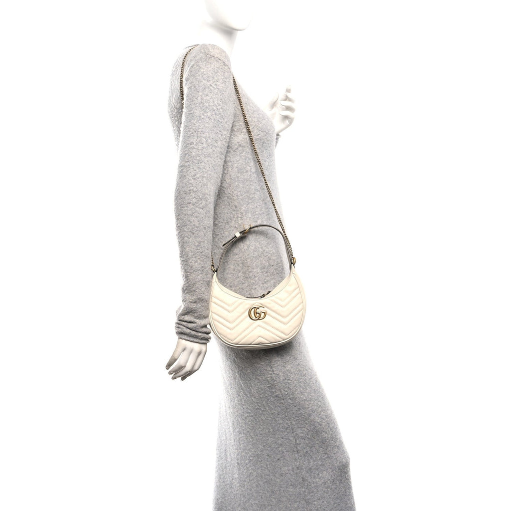 Gucci Calfskin Matelasse Chevron Mini GG Marmont Half Moon Hobo Mystic White