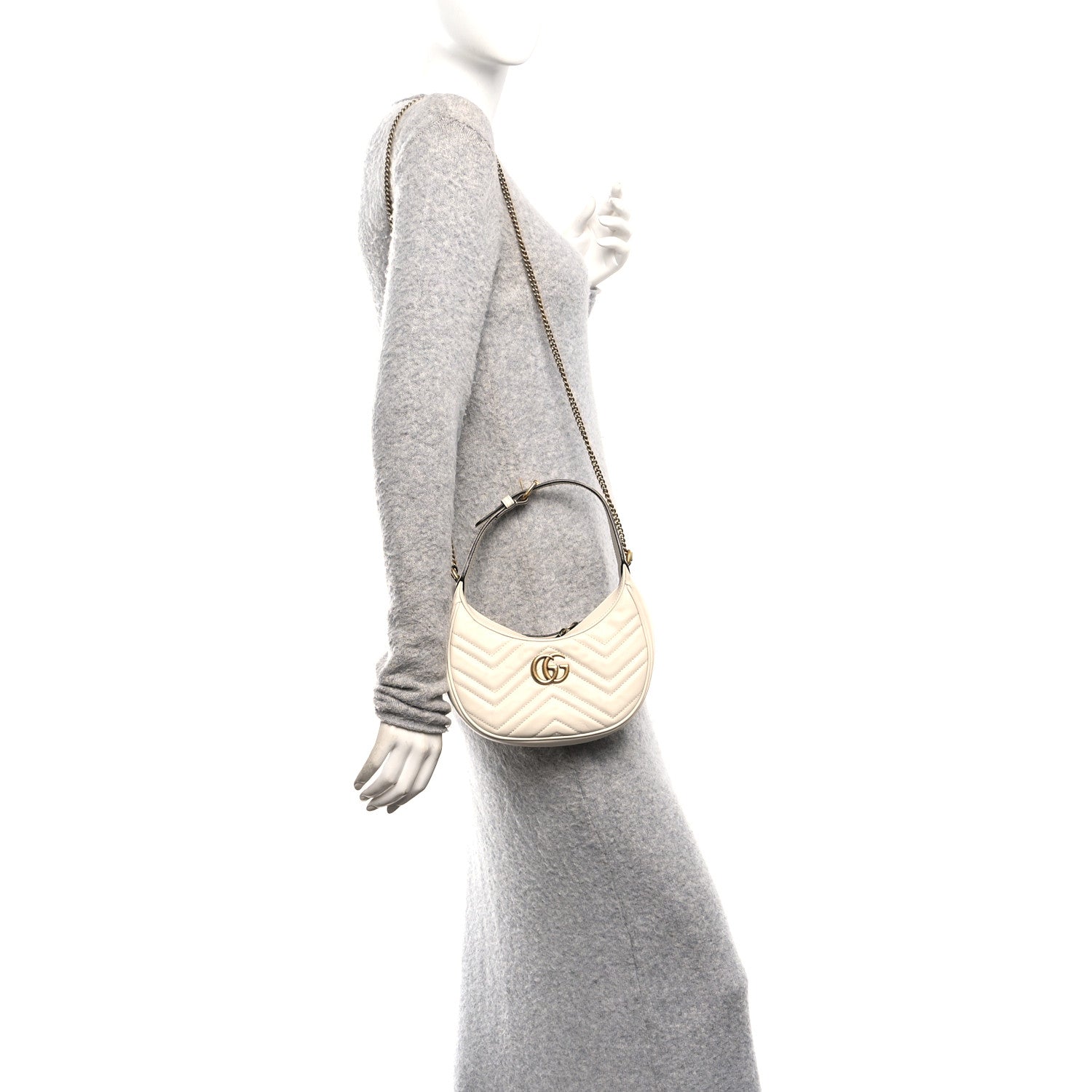 Gucci Calfskin Matelasse Chevron Mini GG Marmont Half Moon Hobo Mystic White