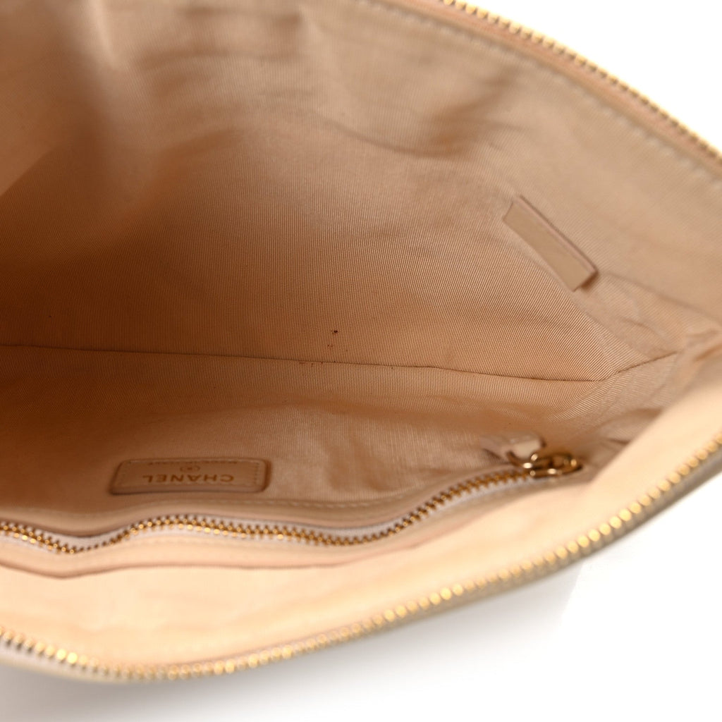 Chanel Shiny Goatskin Quilted Chanel 19 Pouch Beige