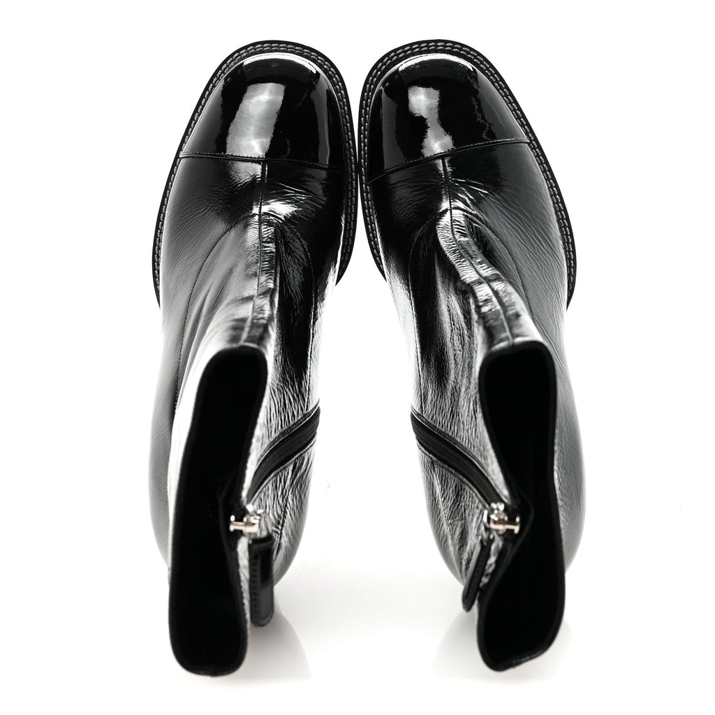 Chanel Shiny Calfskin Patent Cap Toe CC Short Boots 38.5 Black