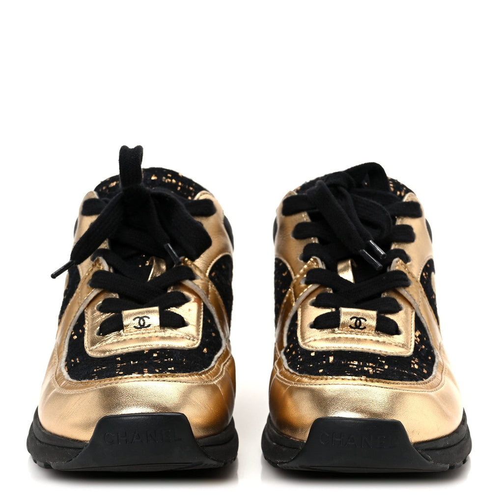 Satin Lambskin Fabric Tweed CC Sneakers 35.5 Gold Black
