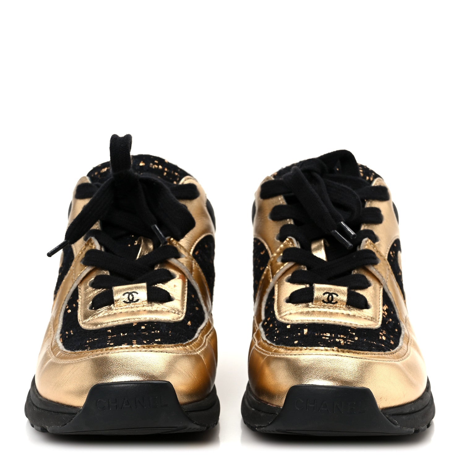 Satin Lambskin Fabric Tweed CC Sneakers 35.5 Gold Black