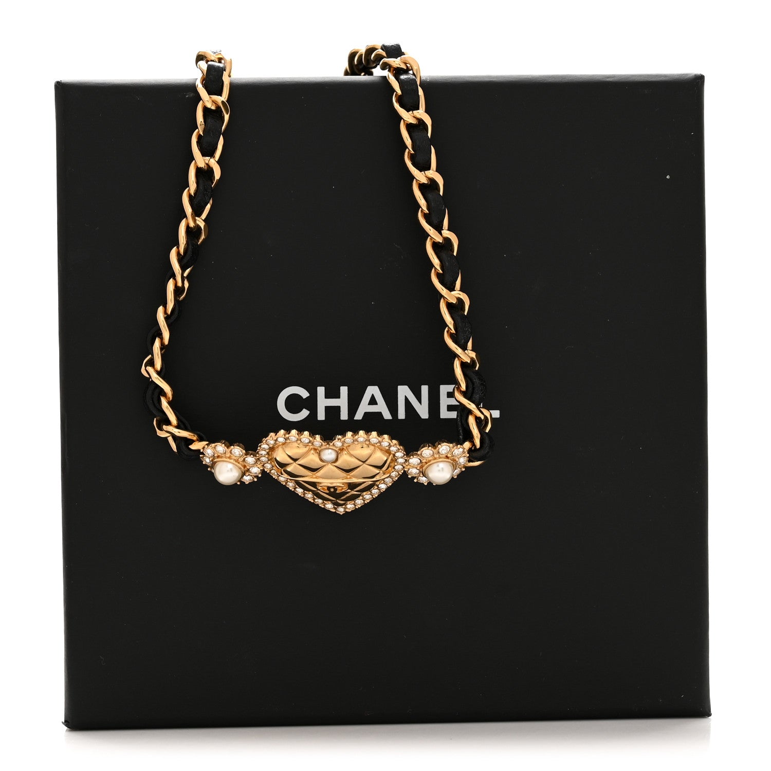 Metal Lambskin Glass Pearl Strass Heart Choker Gold Black