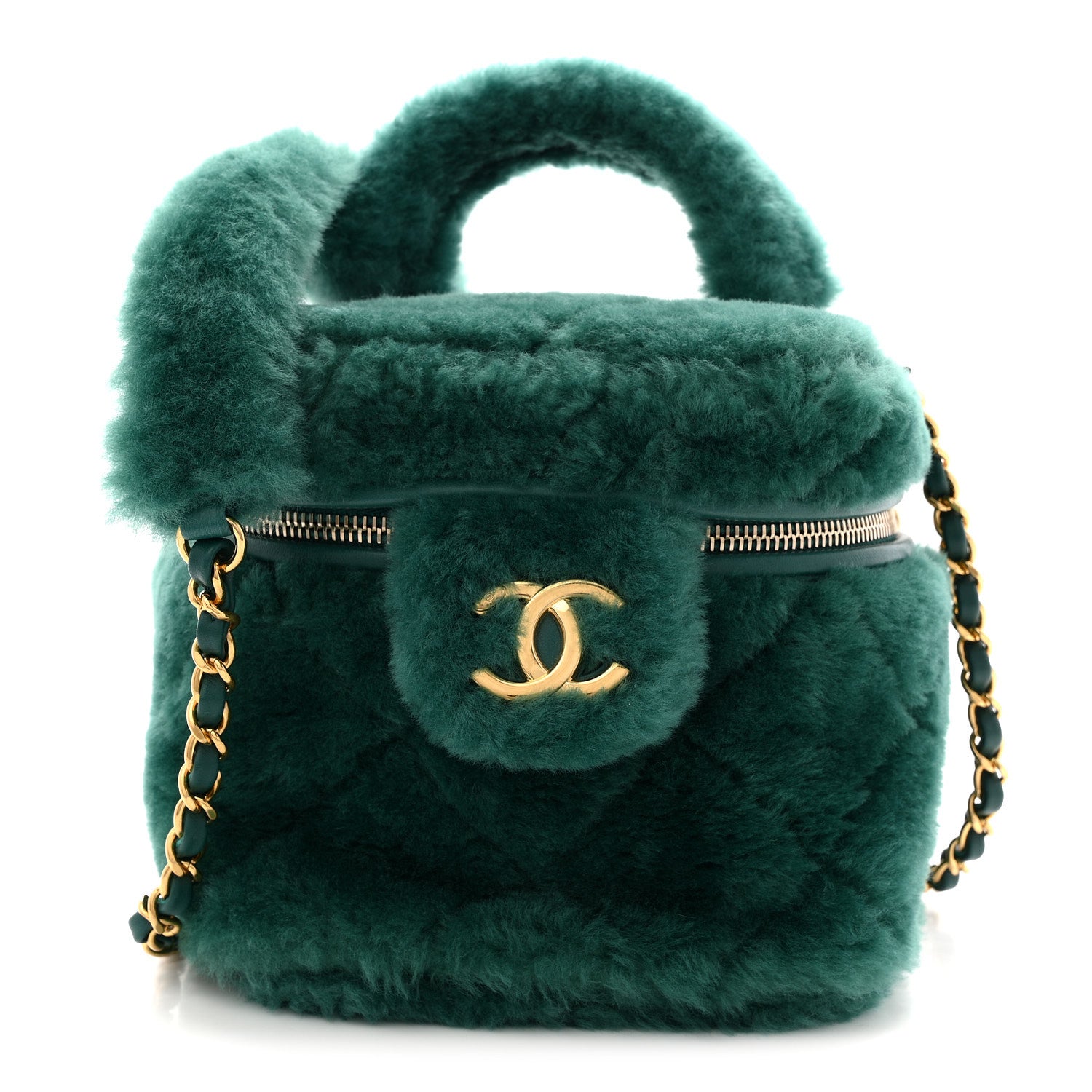 Chanel Shearling Lambskin Quilted Small Vanity Case Green