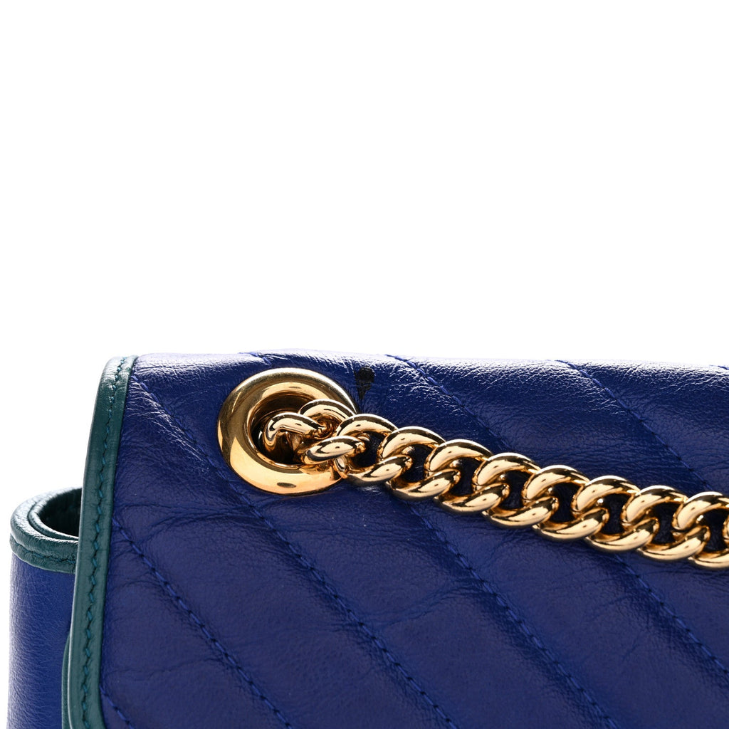Gucci Azalea Calfskin Enamel Matelasse Diagonal Small Torchon GG Marmont Shoulder Bag Imperial Blue Pavone