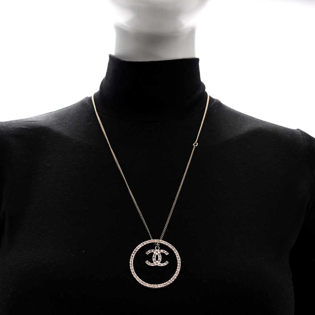 Crystal CC Long Pendant Necklace Gold Pink