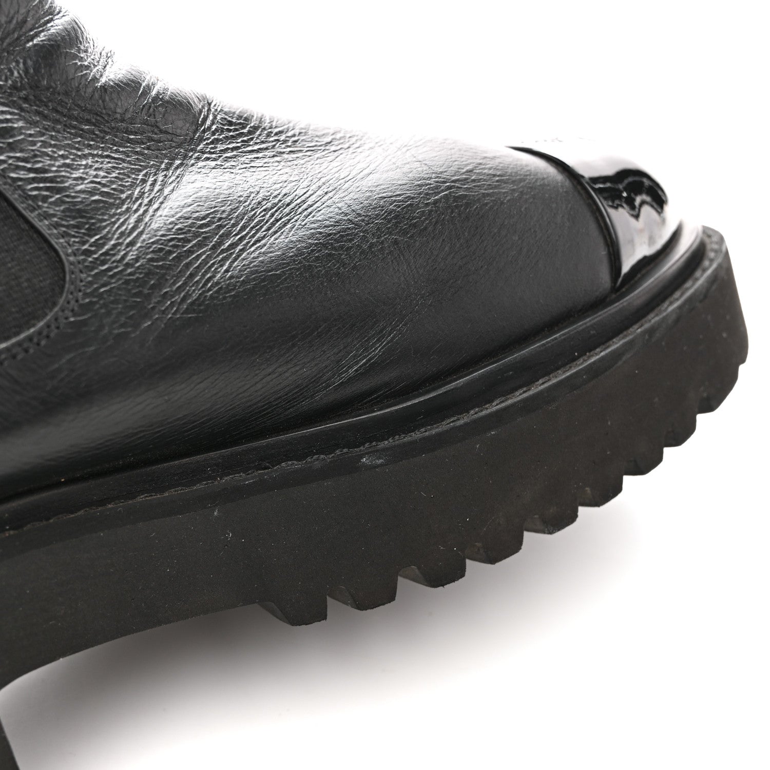 Crumpled Calfskin Patent Cap Toe Short Boots 39.5 Black