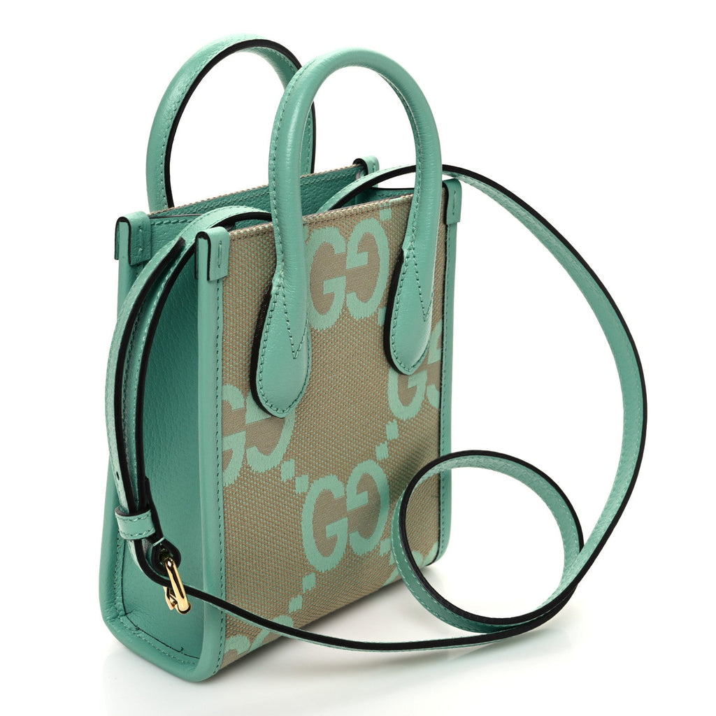 Gucci Monogram Jumbo GG Textured Dollar Calfskin Mini Tote Bag Pepperlight Mint