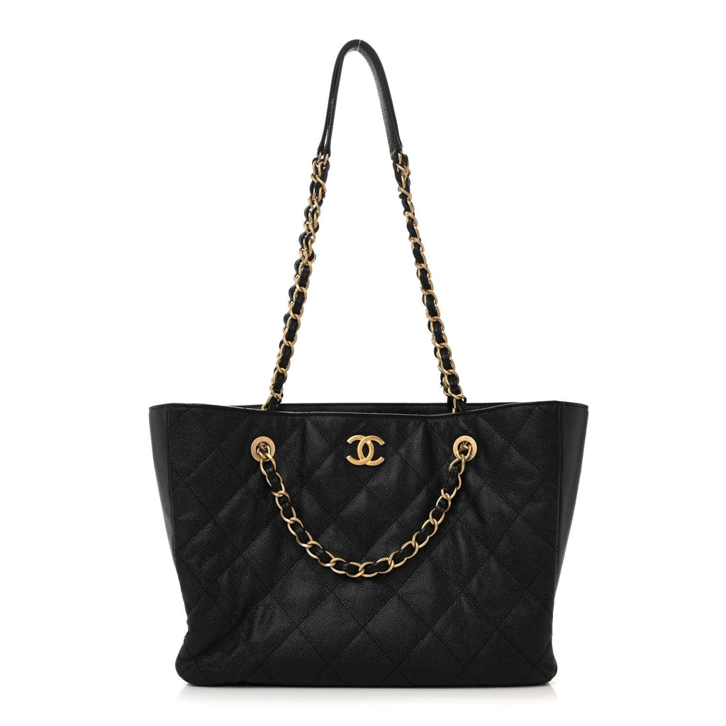 Chanel Caviar Quilted Small Trapezoid Chain Shopping Tote Black