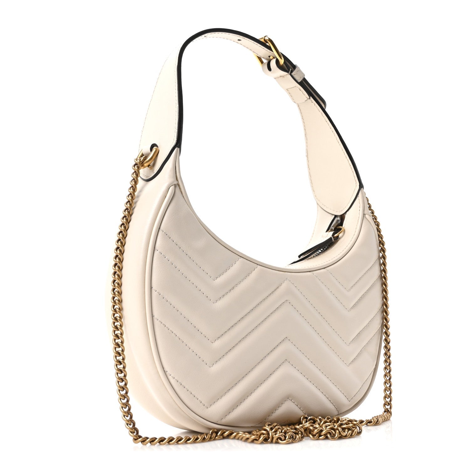 Gucci Calfskin Matelasse Chevron Mini GG Marmont Half Moon Hobo Mystic White