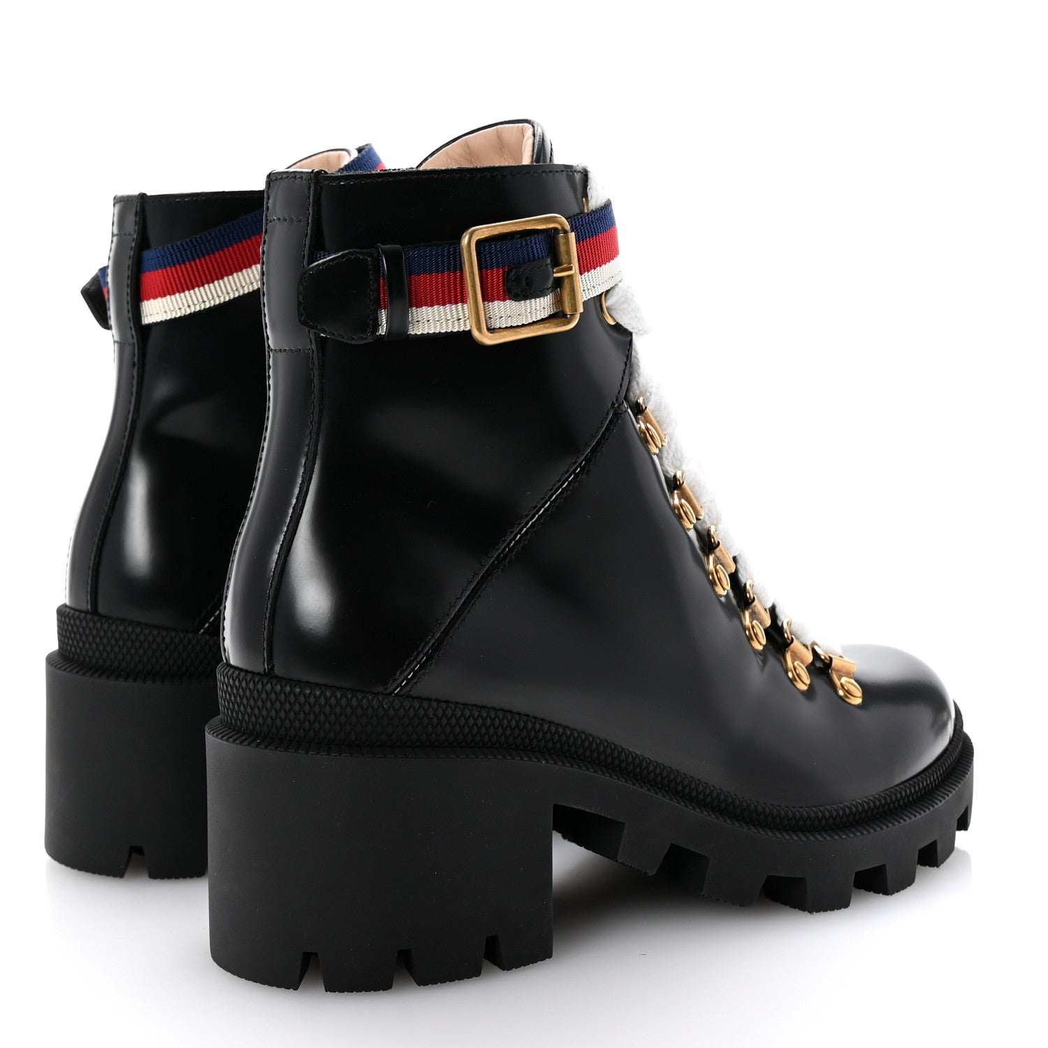 Gucci Calfskin Sylvie Web Lace Up Combat Boots 35 Black