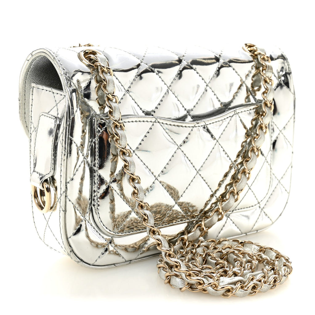 Chanel Mirror Calfskin Metallic Calfskin Quilted Hollywood Boulevard Mini Flap With Star Coin Purse Silver