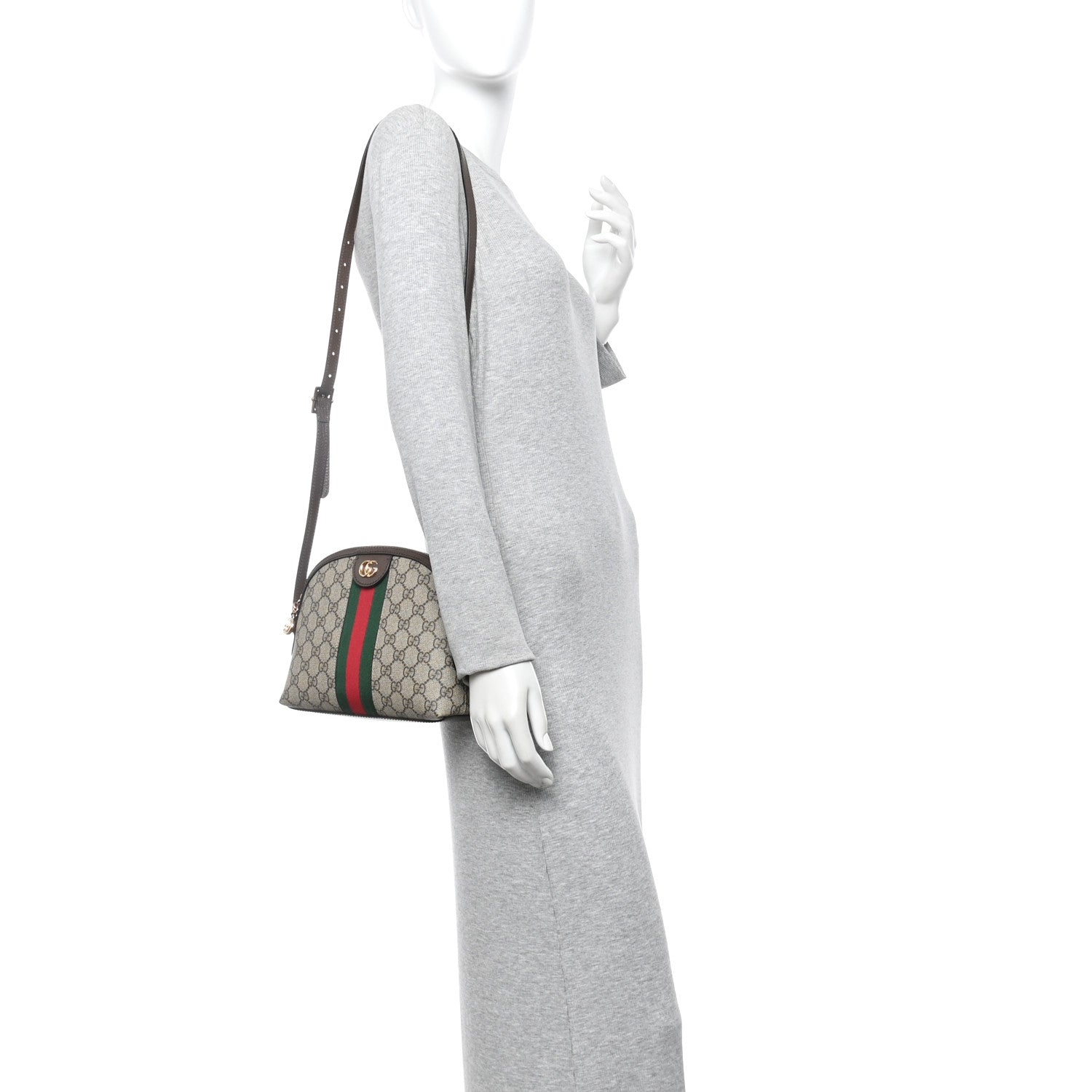 Gucci GG Supreme Monogram Textured Dollar Calfskin Web Small Ophidia Dome Shoulder Bag Beige Ebony New Acero