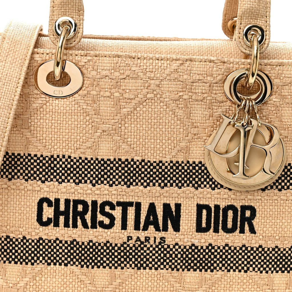 Christian Dior Raffia Woven Cannage Embroidered Medium Lady D-Lite Natural Black