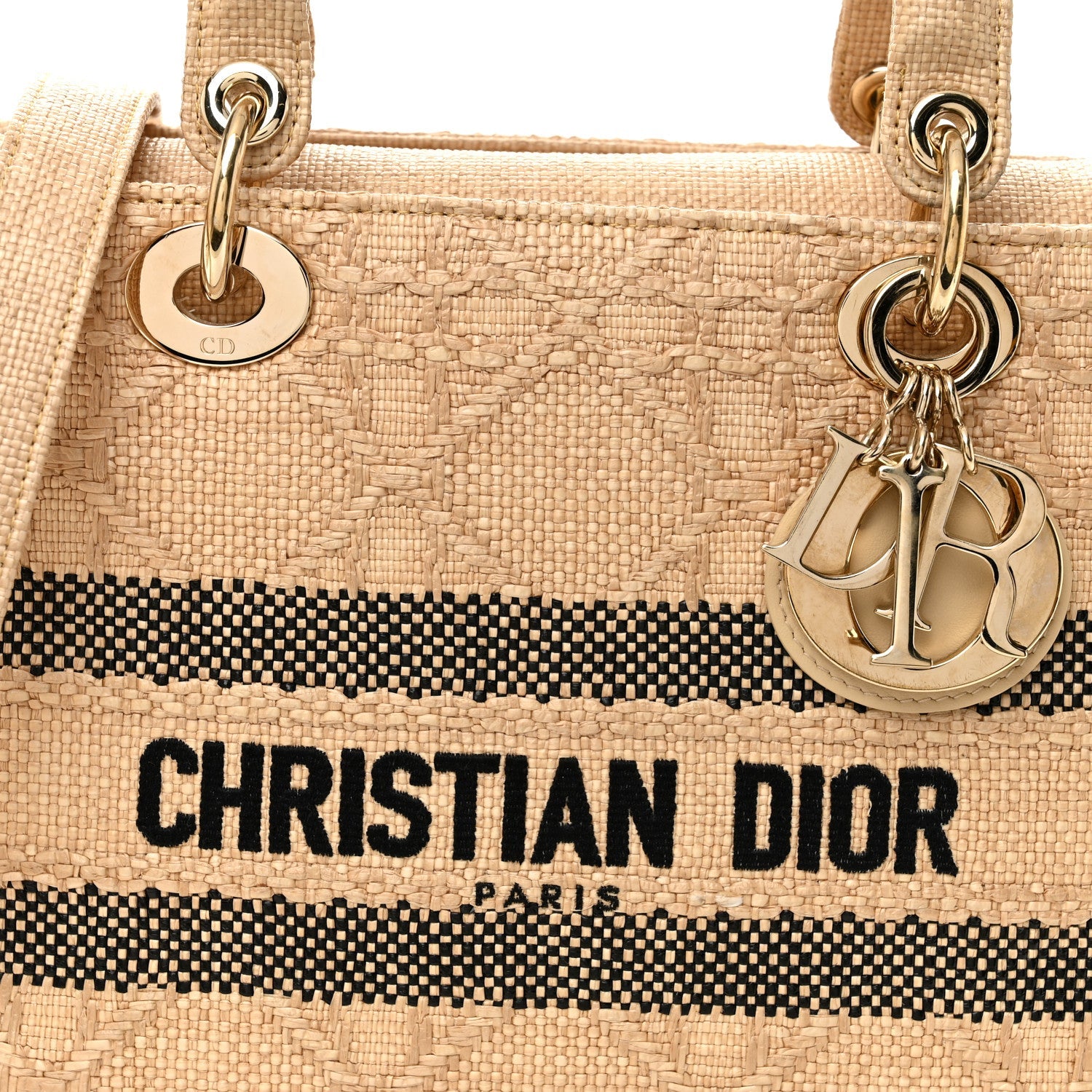 Christian Dior Raffia Woven Cannage Embroidered Medium Lady D-Lite Natural Black