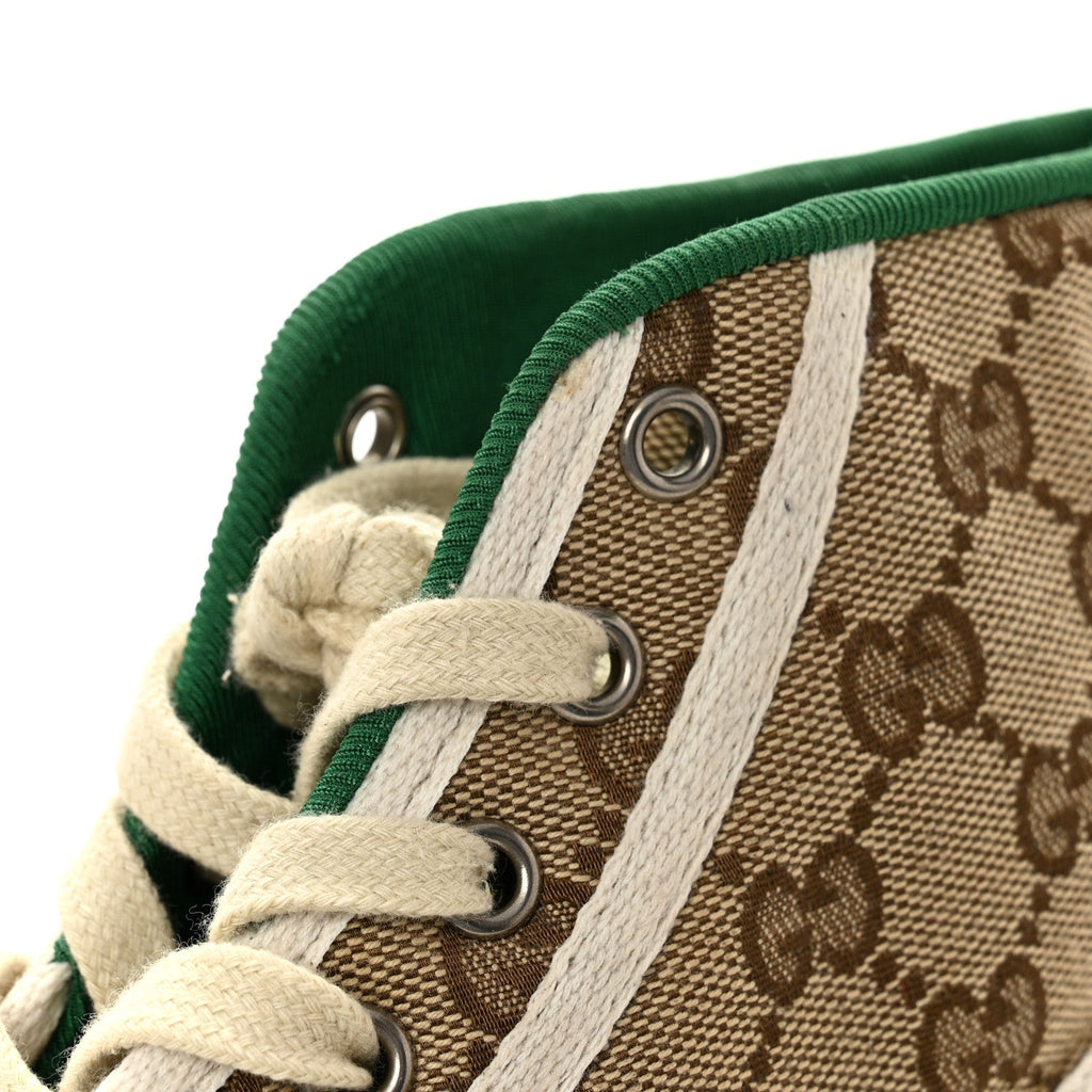 Gucci GG Monogram Web Womens 1977 Tennis High Top Sneakers 37 Beige Ebony Mystic White