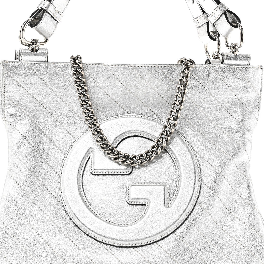 Gucci Sakai Be Green Calfskin Diagonal Stitched Small Blondie Tote Silver