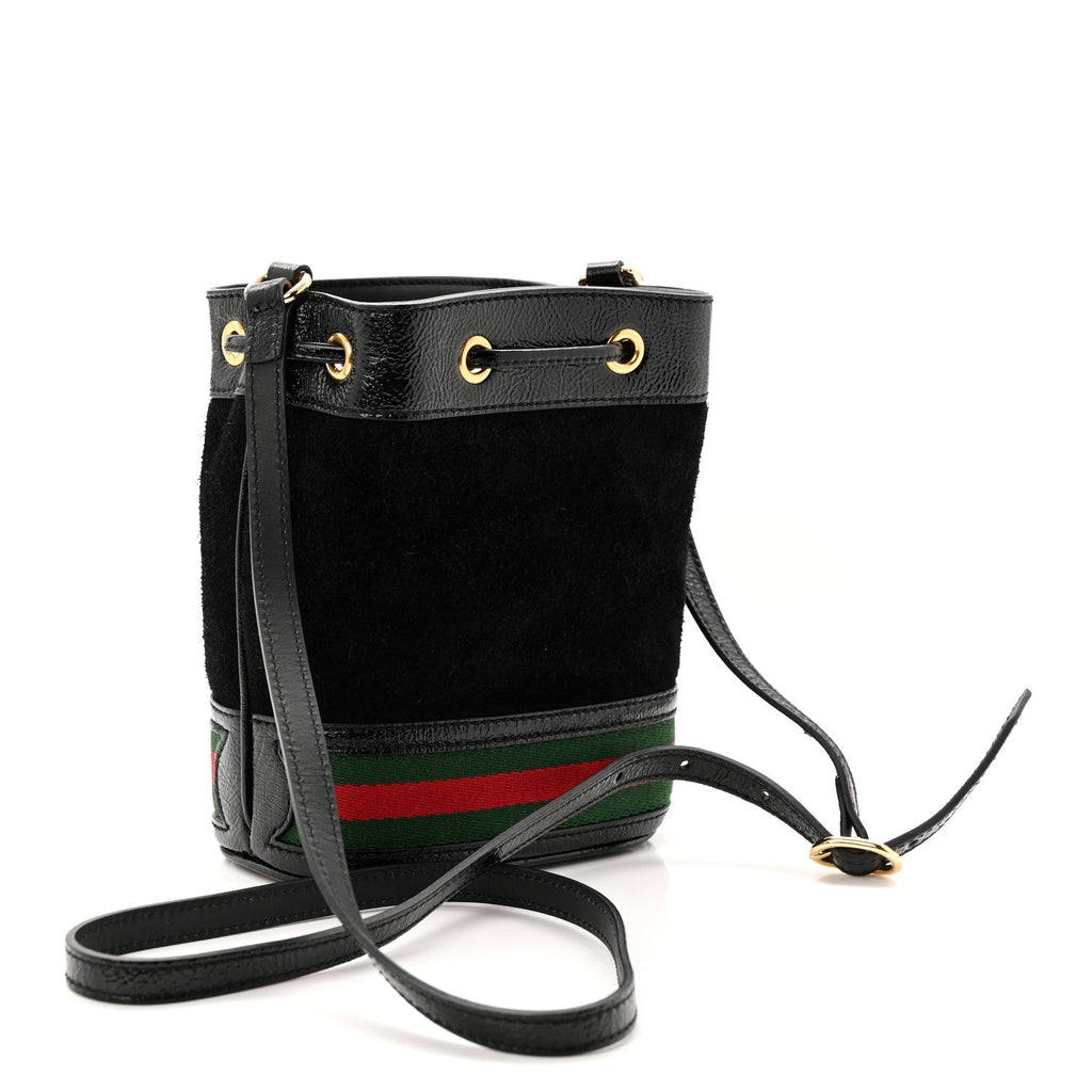 Gucci Suede Patent Web Mini Ophidia Bucket Bag Black