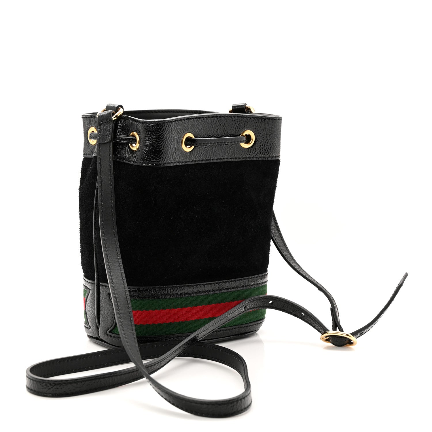 Gucci Suede Patent Web Mini Ophidia Bucket Bag Black