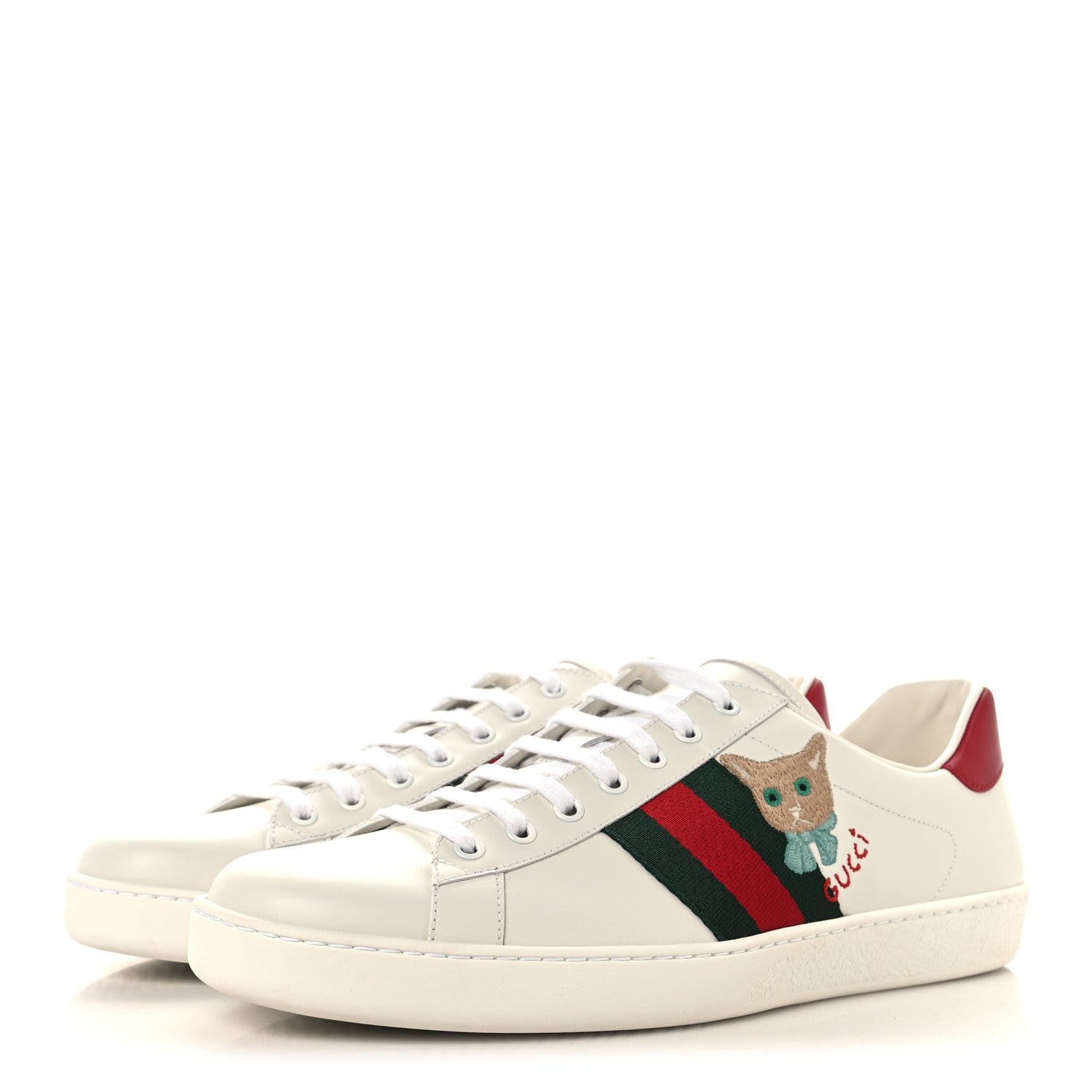 Gucci Calfskin Cat Embroidered Mens Ace Sneakers 12 White Green