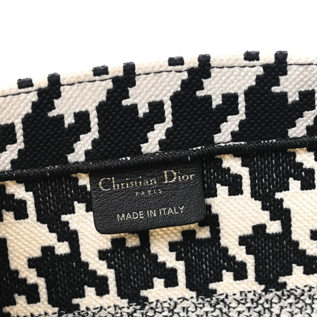 Christian Dior Canvas Macro Houndstooth Embroidered Medium Book Tote Black White