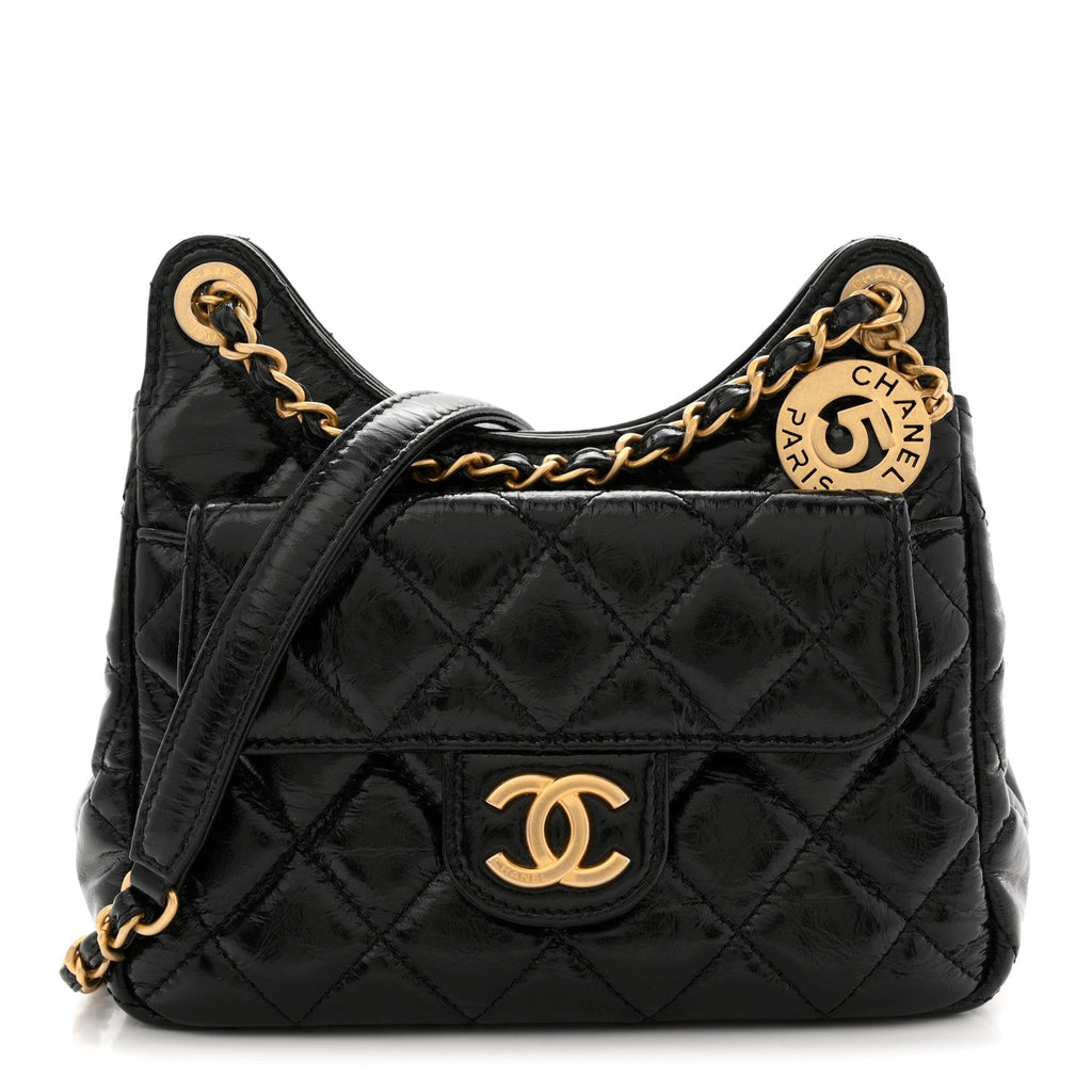 Chanel Shiny Crumpled Calfskin Quilted Small Wavy CC Hobo Black